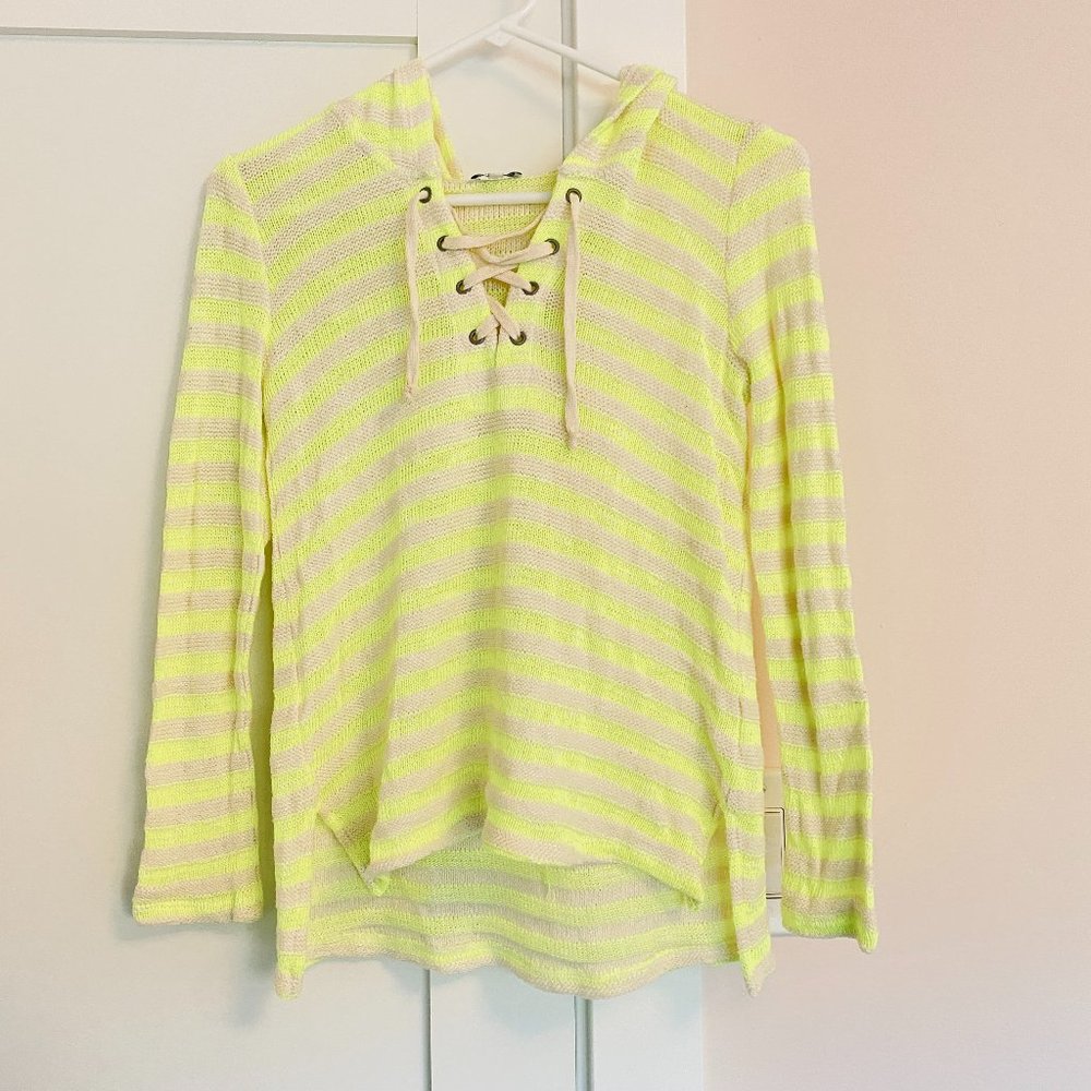 Splendid Knit Hoodie Tie Front Striped Neon Yellow Tan S Relaxed Fit